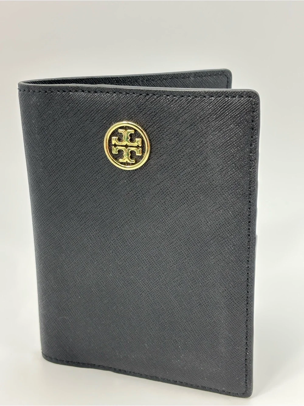 Tory Burch Black Saffiano Leather Card & Passport Holder with Gold Logo